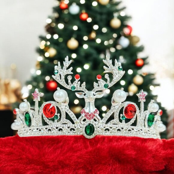 Festive Holiday Crown, Christmas Headband, Silver Tiara Crown, Reindeer Crown - Picture 7 of 8